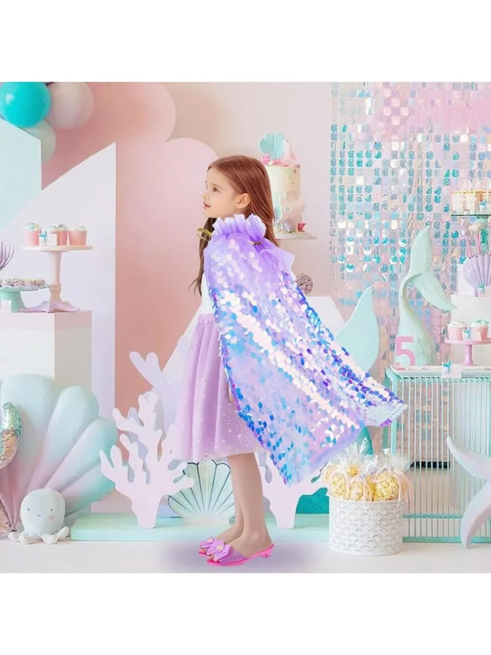 Mermaid Princess Dress Up Cape with Crown Costume Set for Girls -Purple